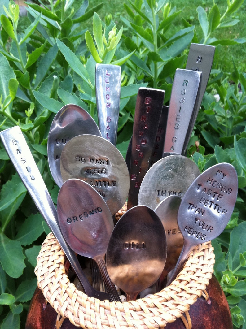 Garden/Plant/Herb markers-set of 3. Repurposed vintage hand stamped silverware image 5