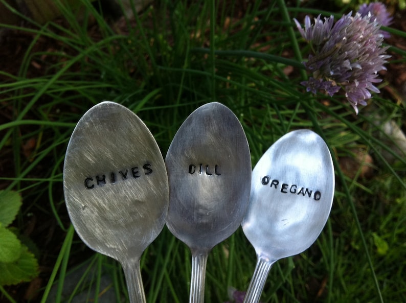 Garden/Plant/Herb markers-set of 3. Repurposed vintage hand stamped silverware image 1