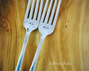 mr. and mrs. Personalized wedding forks-Custom vintage hand stamped forks