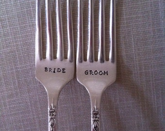 Bride/Groom Personalized wedding forks-Custom vintage hand stamped forks