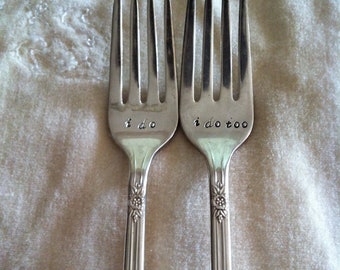 I do/I do too Personalized wedding forks-Custom vintage hand stamped forks