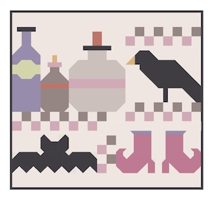 May include: A Halloween-themed design with illustrations of bottles, a raven, a bat, and witch boots. The text "All Hallow's Eve" is at the top. The dimensions are 101.6 cm x 94 cm.