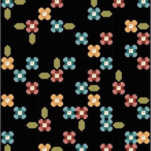 May include: A black background with a repeating pattern of colorful four-petal flowers. The flowers are in shades of orange, blue, red, and green.