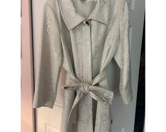 Simonton Says Vintage Metallic Jacquard Button-Up Trench Coat With Belt 3/4 Sleeves 2X