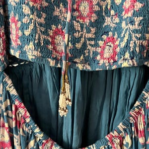 Free People Blue & Pink Mini Dress Boho XL Cotton Viscose Beaded Embroidery NWOT Bild 10