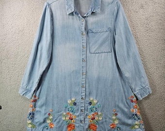 Driftwood Embroidered Denim Shirtdress  Light Wash Blue Casual Size L