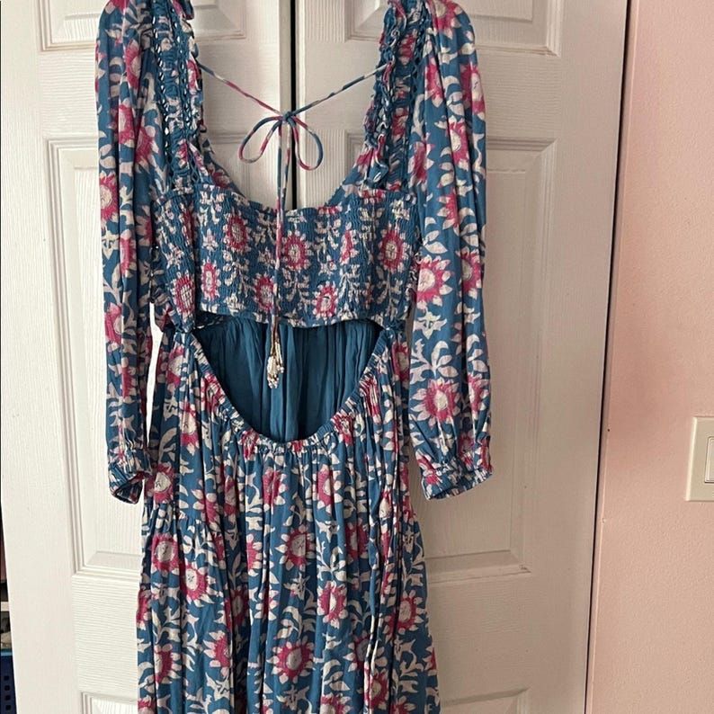 Free People Blue & Pink Mini Dress Boho XL Cotton Viscose Beaded Embroidery NWOT Bild 9