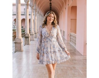 Floral V-Neck Tiered Mini Dress - Blue/Cream Size Medium Mothers Day Romantic M