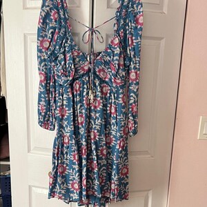 Free People Blue & Pink Mini Dress Boho XL Cotton Viscose Beaded Embroidery NWOT Bild 2