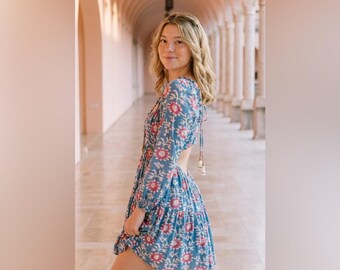Free People Blue & Pink Mini Dress Boho XL Cotton Viscose Beaded Embroidery NWOT