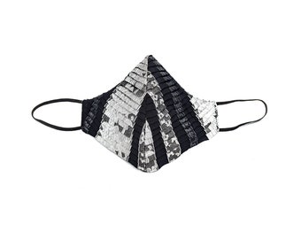 Black and Silver Striped Pleated Silk Lame Cheeky Mask