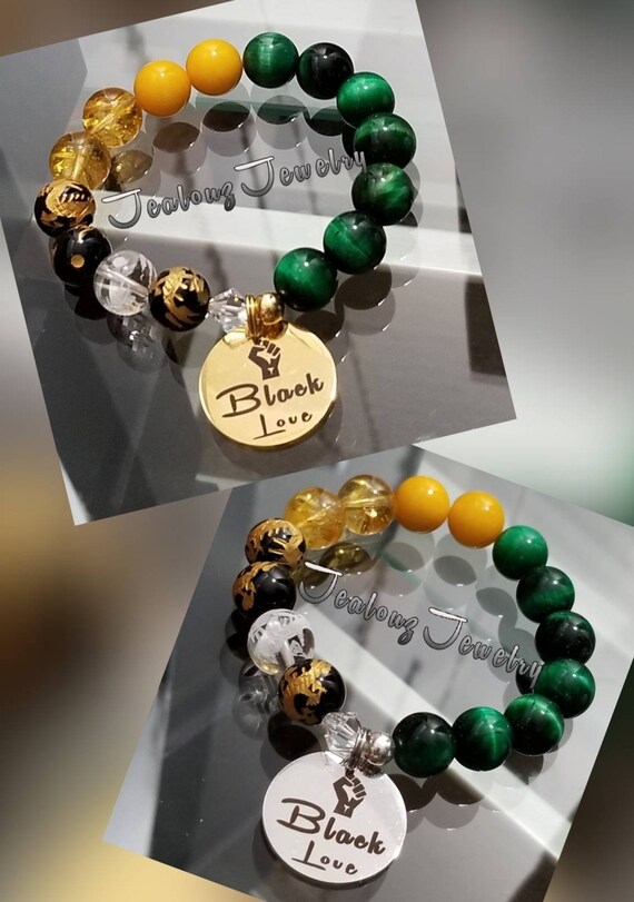 Premium Emerald Green Tiger Eye Yellow Jade Black Love 12mm Stainless Steel Bracelet