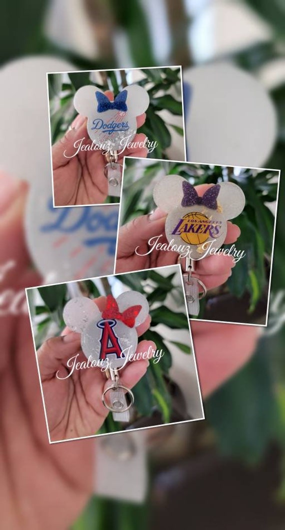 Los Angeles Dodgers Lakers Angels Team Inspired Glitter Minnie Mouse Heavy Duty ID Badge Reel Holder