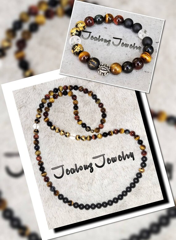 Brilliant AA South Africa Mixed Tiger Eye Matte Onyx 10mm Gemstone Mens Healing Necklace Bracelet Set