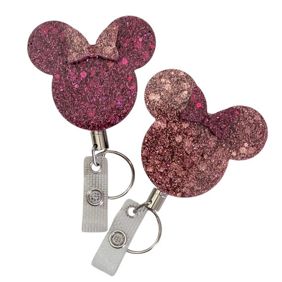 Rose Gold & Magenta Pink Glitter Bow Mouse Heavy Duty ID Badge Reel Holder