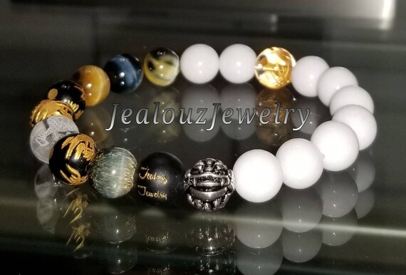 Classic White Jade Navy Tan Tiger Eye Mix 10mm Sterling Silver Bracelet