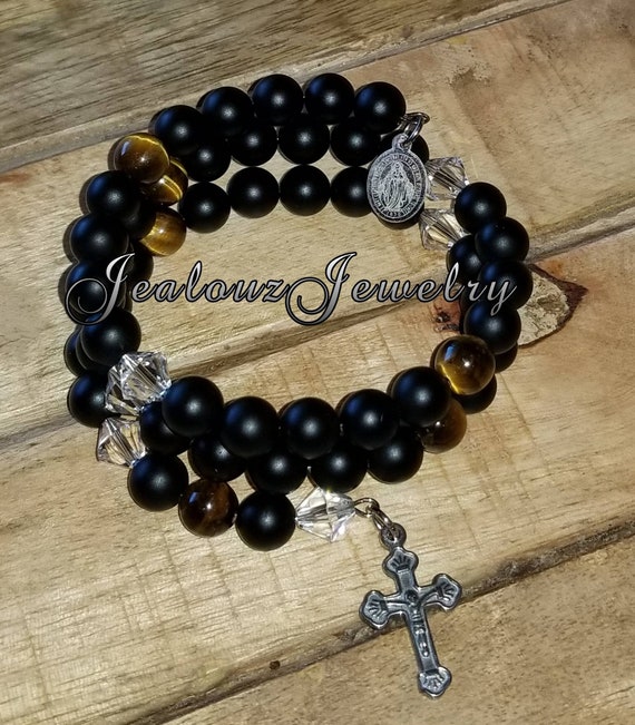 Classic Matte Onyx Tiger Eye Mix 8mm Gemstone Stainless Steel Rosary Wrap Cross Bracelet