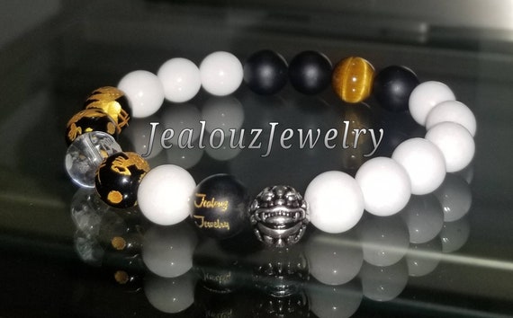 Classic White Jade Matte Onyx Tiger Eye Mix 10mm Sterling Silver Bracelet