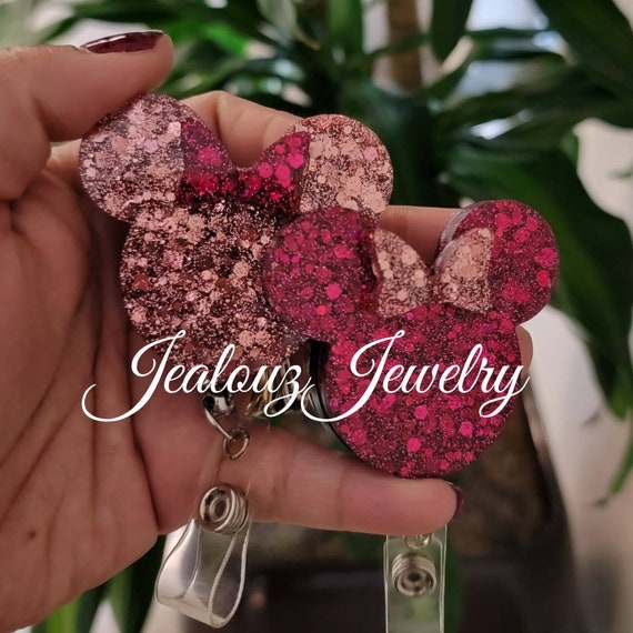Rose Gold & Magenta Pink Glitter Bow Mouse Heavy Duty ID Badge Reel Holder