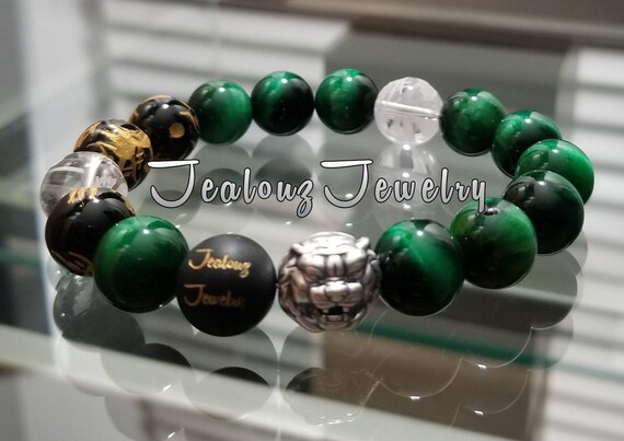 Premium Emerald Green Tiger Eye 12mm Sterling Silver Mens Bracelet