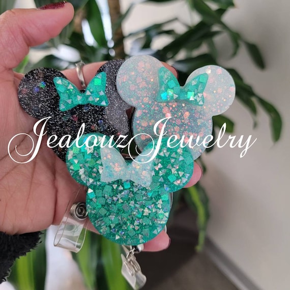 Black White Opal & Teal Blue Glitter Bow Mouse Heavy Duty ID Badge Reel Holder