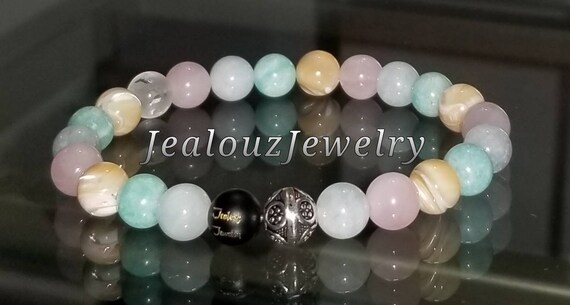 Classic Amazonite Aquamarine Rose Quartz Mother Of Pearl Mix 8mm Sterling Silver Bracelet