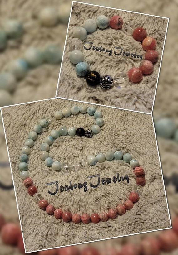 Ridiculous Larimar Rhodochrosite 12mm Gemstone Sterling Silver Love Forgiveness Meditation Necklace Bracelet Set