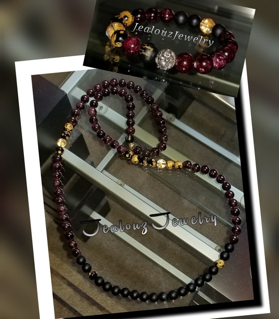 Brilliant Garnet Matte Onyx Mix 10mm Gemstone Mens Yoga Meditation Necklace Bracelet Set