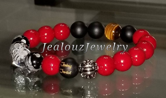 Classic Red Riverstone Matte Onyx Tiger Eye Mix 10mm Sterling Silver Bracelet