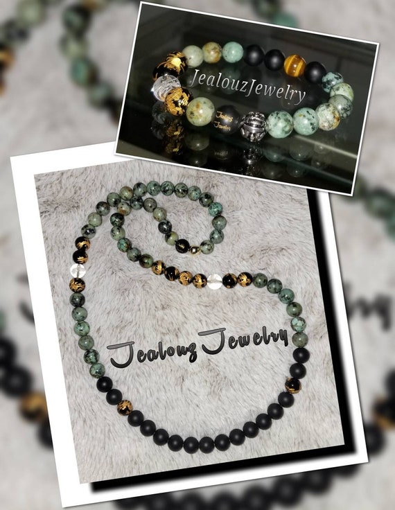 Classic African Turquoise Matte Onyx Mix 10mm Gemstone Mens Meditation Necklace Bracelet Set