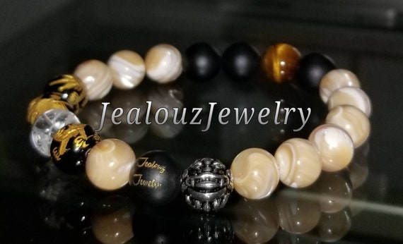 Classic Tan Mother Of Pearl Matte Onyx Tiger Eye Mix 10mm Sterling Silver Bracelet