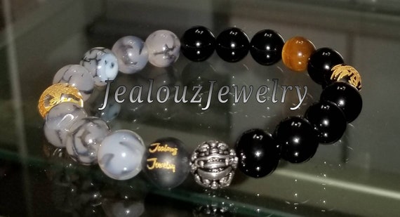 Classic Dragon Agate Onyx Tiger Eye Mix 10mm Sterling Silver Bracelet