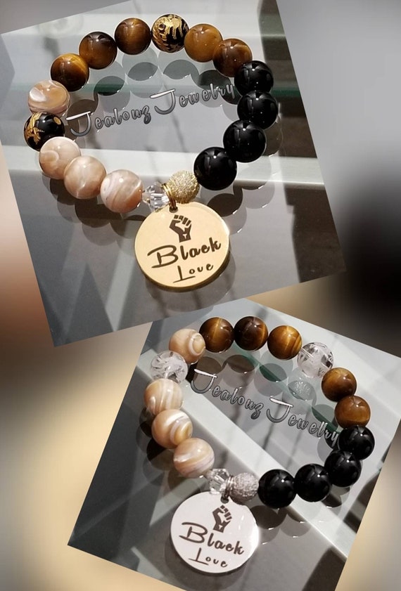 Premium Tan Mother Of Pearl Brown Tiger Eye Black Love 12mm Stainless Steel Bracelet