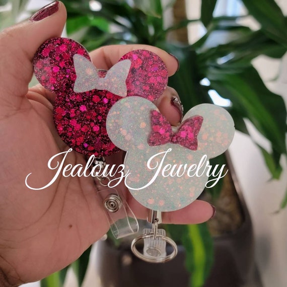 Magenta Pink & White Opal Glitter Minnie Mouse Heavy Duty ID Badge Reel Holder