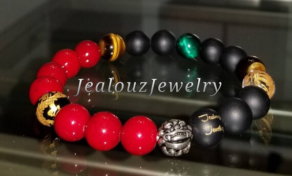 Classic Red Riverstone Matte Onyx Brown Green Tiger Eye Mix 10mm Sterling Silver Mens Bracelet