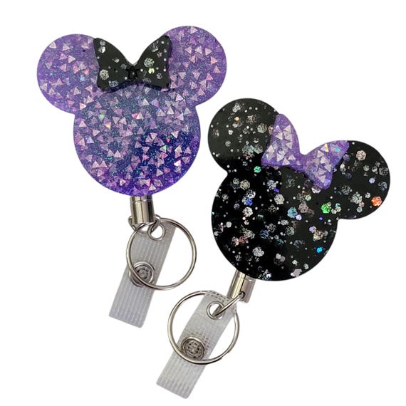 Black & Lavender Purple Glitter Bow Mouse Heavy Duty ID Badge Reel Holder