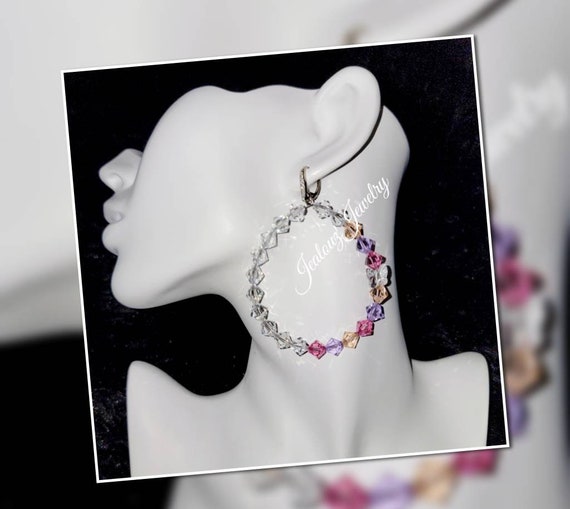 Premium Sterling Silver Cubic Zirconia Rose Peach Violet Butterfly Austrian Crystal TearDrop Hoop Earrings