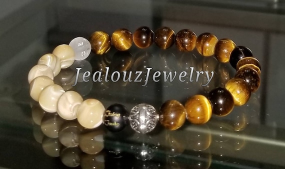 Classic Mother Of Pearl Tiger Eye Mix 8mm Sterling Silver Bracelet