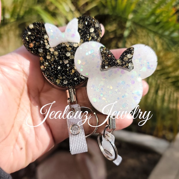 Black Gold & White Opal Glitter Bow Mouse Heavy Duty ID Badge Reel Holder