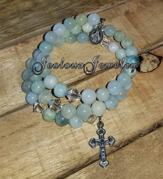 Classic Ombre Mix Aquamarine 8mm Stainless Steel Rosary Wrap Bracelet