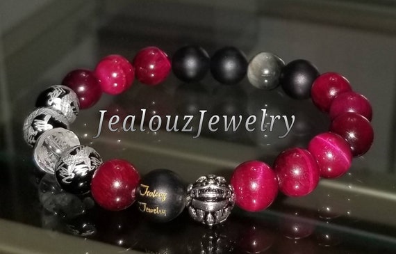 Classic Fuchsia Pink Tiger Eye Matte Onyx Mix 10mm Sterling Silver Bracelet