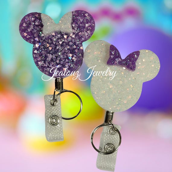 White Opal & Lavender Purple Glitter Bow Mouse Heavy Duty ID Badge Reel Holder