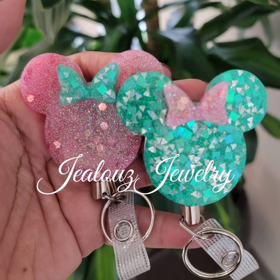 Flamingo Pink & Teal Blue Glitter Bow Mouse Heavy Duty ID Badge Reel Holder