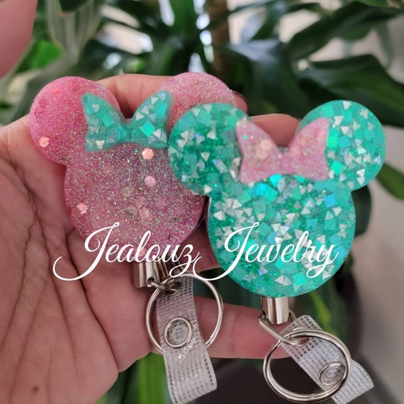 Flamingo Pink & Teal Blue Glitter Minnie Mouse Heavy Duty ID Badge Reel Holder