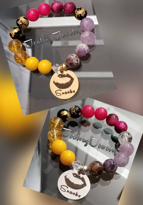 Premium Amethyst Fuchsia Pink Tiger Eye Citrine Jade Mix I Love Snacks 12mm Stainless Steel Bracelet