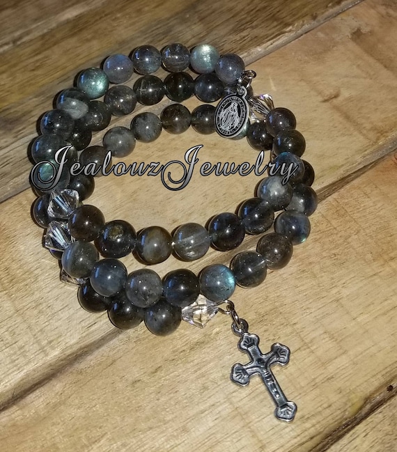 Classic Labradorite 8mm Gemstone Stainless Steel Rosary Wrap Cross Bracelet