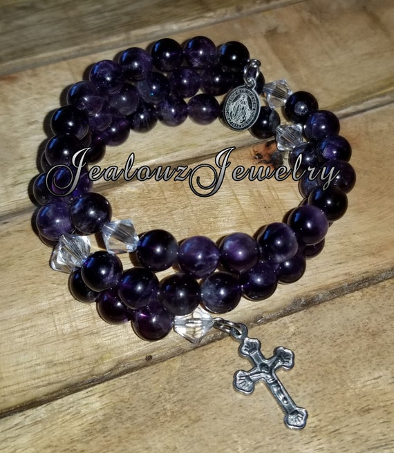 Classic Amethyst 8mm Gemstone Stainless Steel Rosary Wrap Cross Bracelet