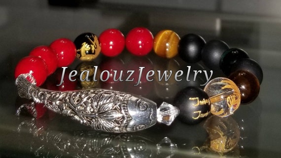 Classic Red Riverstone Matte Onyx Tiger Eye Mix 10mm Sterling Silver Koi Fish Bracelet