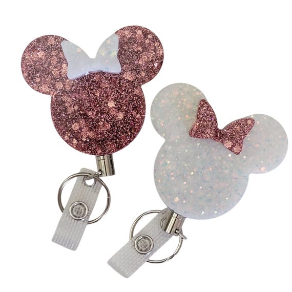 Rose Gold & White Opal Glitter Mouse Bow Heavy Duty ID Badge Reel Holder