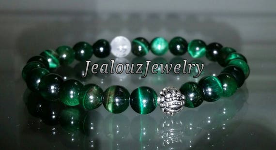 Classic Emerald Green Tiger Eye 8mm Sterling Silver Bracelet